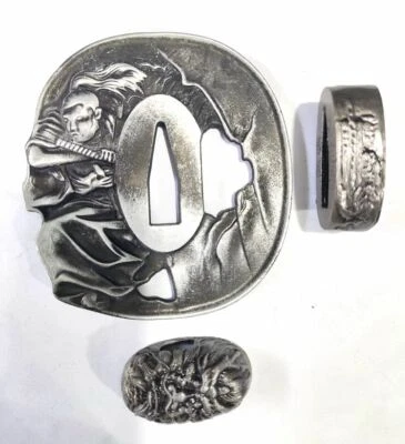 Exquisite Set Skull Head Tsuba Fuchi Kashira Accessory For Japanese Katana Sword - Image 1 of 4