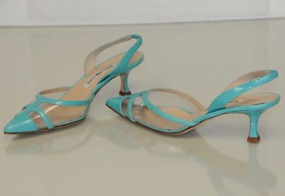 Nuevo MANOLO BLAHNIK Carolyne Turquesa Verde Patente PVC Gatito Tacones Zapatos 37 Foto 1 de 4