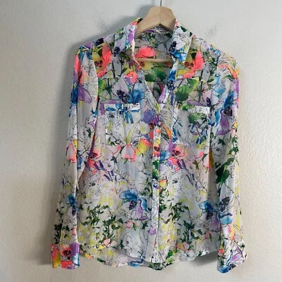 Express Portofino Shirt Womens XS Sheer Floral Button Up Blouse Roll Tab Sleeve Foto 1 de 4