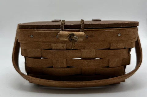 Longaberger 1989 Mini Picnic Basket Leather Hinged Toggle Close w Handle Signed Cover