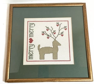 Vintage Christmas Reindeer Cross Stitch Framed Under Glass Merry Merry - Picture 1 of 9