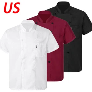 US Unisex Chef Coat Jackets Short Sleeve Kitchen Restaurant Hotel Work Uniform - Picture 1 of 39