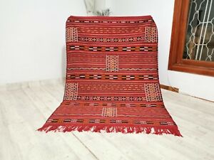 Handmade Vintage Moroccan Kilim Rug,5'15" x 6'95" Feet,Berber Flat Woven Red Rug