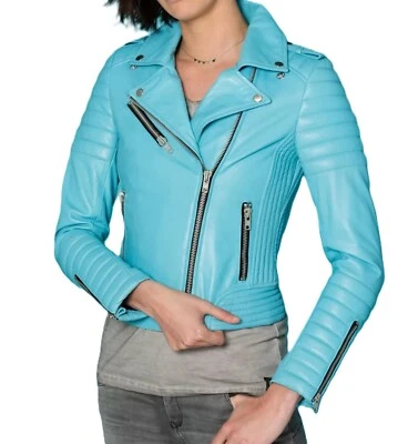 Chaqueta de motociclista acolchada para mujer 100 % piel de cordero real azul chaqueta de motocicleta Foto 1 de 4