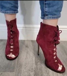 Coach Lena Lux Womens Burgundy Suede Lace Up Zip Peep Toe Booties Shoes Size 5.5 - Picture 1 of 12