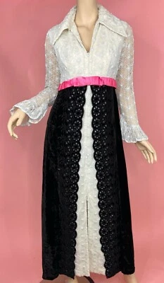 Vintage 70s Formal Gown Empire Waist Dress Black Eyelet Velvet Lace Size Small - Image 1 of 4