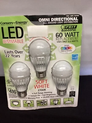 Feit Conserv LED Dimmable Light Blub A19 60-watt Soft White 2700K 3 Pack - Image 1 of 2
