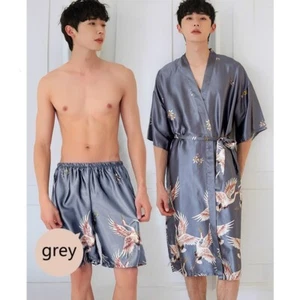 2x Men Kimono Bathrobe Pajamas Set Sleepwear Gown Shorts Faux Silk Satin Crane - Picture 1 of 14