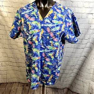 Peaches Uniform Size M Blue Multi Color Dragonflies Pockets Scrub - Picture 1 of 4