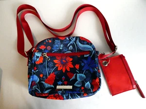 Sandra Brown Cross Body Purse Dark Blue & Red Floral Fabric Silver Metal NWT - Picture 1 of 8
