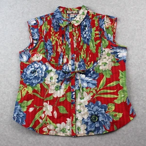 Caribbean Joe Shirt Women's Let Go L Red Blue White Floral Pintuck Front Tie - Picture 1 of 7