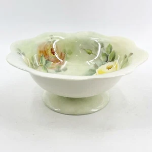 Antique Porcelain Hand Painted Roses Bowl Scalloped Edge Pedestal Centerpiece - Picture 1 of 6