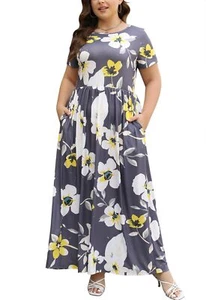 Women Short Sleeve Loose Plain Casual Plus Size Long Maxi Dress with Pockets ... - Picture 1 of 6