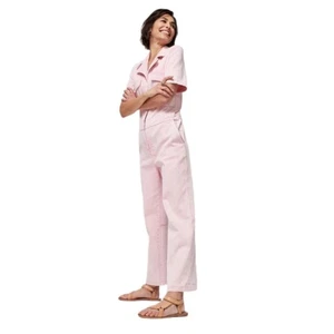 Faherty Blythe Pink Denim Utility Jumpsuit XS Organic Cotton Wide Leg One Piece - Picture 1 of 7