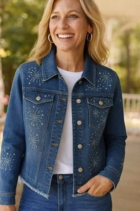 Chico’s Americana Fireworks Jeansjacke Gr. 2 Nieten Sterne Used Saum - Bild 1 von 8