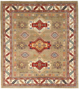 Hand-Knotted Kazak Oriental Rug 8'3X9'4 ft Khaki Tribal Geometric Boho Decor - Picture 1 of 12