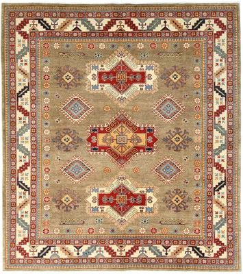 Hand-Knotted Kazak Oriental Rug 8'3X9'4 ft Khaki Tribal Geometric Boho Decor - Image 1 of 4