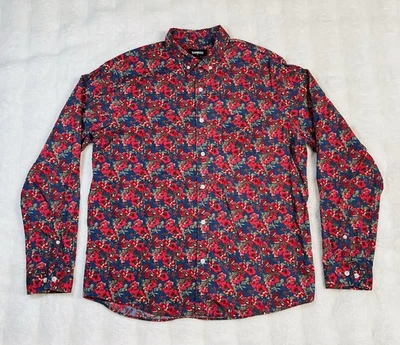 Men’s Express L/S Dress Shirt Red Blue Floral Button Up Sz L (16”-16-1/2”) *EUC* - Image 1 of 4