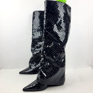 Steve Madden Paley Snake Embossed knee high Boot Pointed Toe Women Black Size 6M - Picture 1 of 16