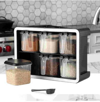 Premium Spice Container Rack Set with Spoons Plastic Herbs Spices Jar BPA Free - Image 1 of 4