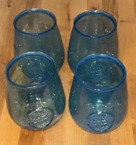 Set Of 4 100% Recycled Glass Blue Stemless Wine Glasses Embossed Seal Q06 - Picture 1 of 6