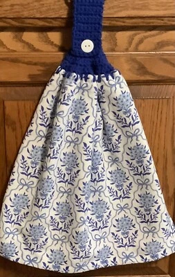 Double hanging kitchen towel garden blue flowers crocheted blue top