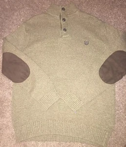 Mens Chaps 3 Button 1/4 Button Up Elbow Pads Sweater Medium Knit Mock Neck Olive - Picture 1 of 11
