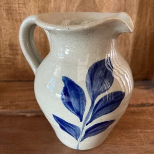 Williamsburg Pottery Stoneware Small Pitcher Salt Glazed Blue Leaf Speckled Tan - Picture 1 of 6