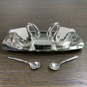 Set of 2 Italy EP Zinc Silver Plated Swan Salt and Pepper Cellars Tray & Spoons - Picture 1 of 15