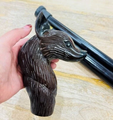Hermoso bastón de madera coleccionable acabado negro con cabeza de zorro marrón Foto 1 de 4