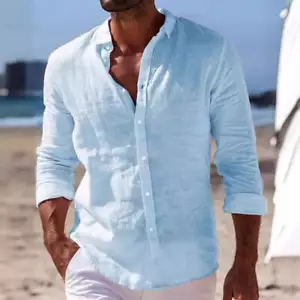 Men's Casual Cotton And Linen Solid Color Shirt - Picture 1 of 24