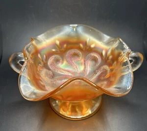 Vintage Dugan Orange Carnival Glass Two-Handled Footed Bon Bon Dish - Picture 1 of 11