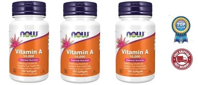 NOW Foods Vitamina A, 10.000 UI, 100 cápsulas blandas 3 paquetes Foto 1 de 4