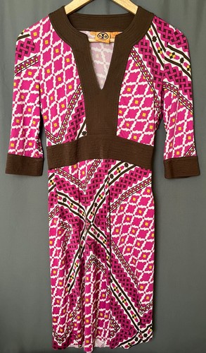 TORY Burch Abito Donna 100% Seta Geometrico XS Rosa Marrone Scollo V Manica 3 4