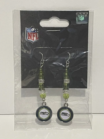NFL Seattle Seahawks Earrings Football Dangle Silver and Green Beads 2” Cover