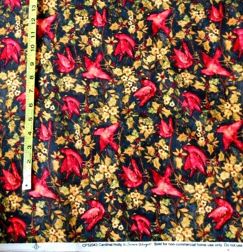 FABRIC - SUSAN WINGET "CARDINAL HOLLY" BIRDS, 100% COTTON - 1.25 YARDS - NEW! - Image 1 of 1