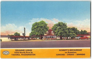 Postal vintage de GRANDEE LODGE Yakima, WA Schmitt's Restaurant Roadside años 40 - Imagen 1 de 2
