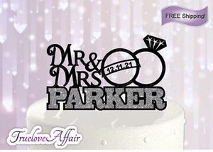 Mr & Mrs Ringe Hochzeitstorte Topper personalisiert mit Name & Datum [TLA9] - Bild 1 von 3