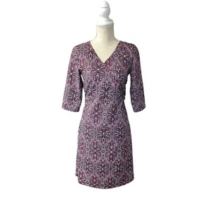 prAna NADIA Faux Wrap DRESS V Neck 3/4 Slv Stretch Sz LG Outdoor Gorp Hiking - Picture 1 of 13