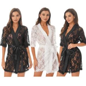 Women's Kimono Bathrobe Floral Lace Mesh See Through Nightwear Pajamas Lingerie - Picture 1 of 34