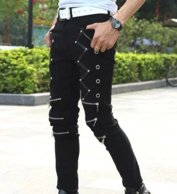 Pantalones de mezclilla ajustados con cremallera ajustados a lápiz gótico punk de 27-36 pulgadas para hombre Foto 1 de 4