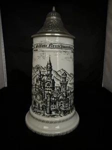 Piedra de cerveza alemana de porcelana vintage KUHR Muhlried con tapa de estaño, taza de cerveza alemana - Imagen 1 de 14