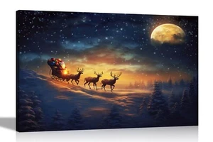 Santa Sleigh and Reindeer Canvas Prints Landscape Wall Art Framed Pictures - Picture 1 of 11