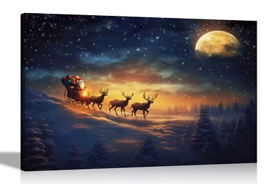 Santa Sleigh and Reindeer Canvas Prints Landscape Wall Art Framed Pictures - Image 1 of 4
