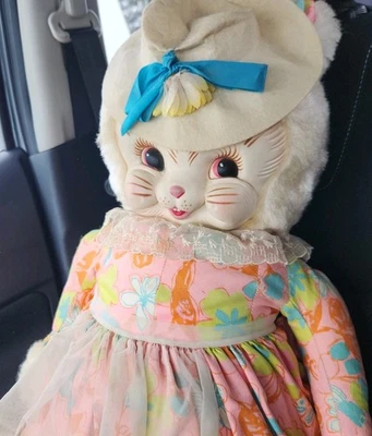 Vintage Rushton Rubber Face Girl Bunny Rabbit Stuffed Plush Over 2 Feet Tall - Image 1 of 4