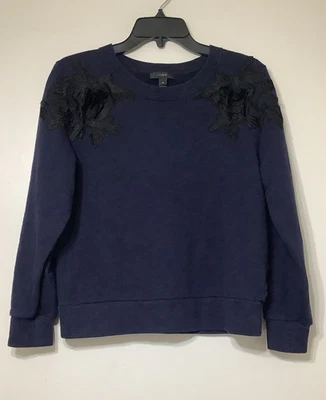 Moletom J.CREW Feminino M Aplique Floral Preto Rosas Azul Marinho - Imagem 1 de 4