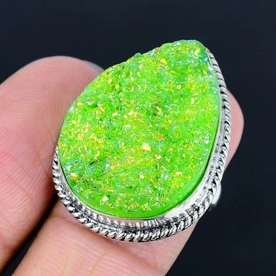 Green Titanium Druzy 925 Silver Plated Handmade Ring of US Size 7 - Image 1 of 3