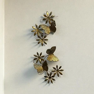 Gold Brass Tone Metal Butterfly & Flower Wall Art Sculpture Home Decor Vtg - Picture 1 of 12