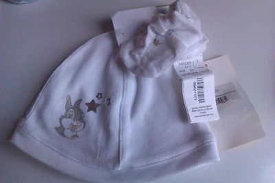 Bonnets + Mouffles Baby "Disney + Berlingot" - 0/1 Mois - Blanc/Blanc - Neuf Foto 1 de 3