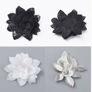2 Stück Spitzenbesatz Pailletten Strass schwarz weiß rund Blume mit silber  - Bild 1 von 11